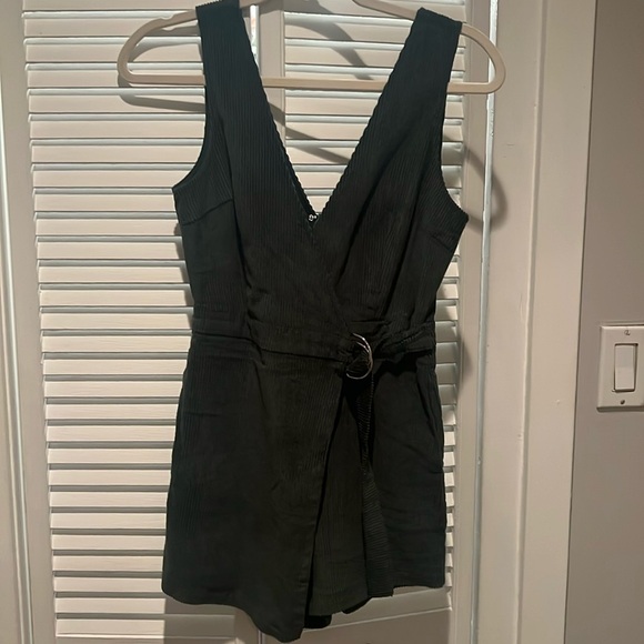 Lulus Absolutely Cute Dark Green Corduroy Faux-Wrap Skort Romper - Picture 2 of 6